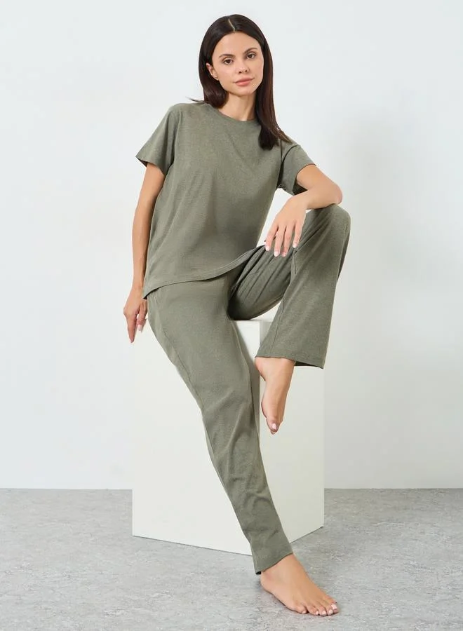 Styli Solid Cotton T-Shirt and Pyjama Set