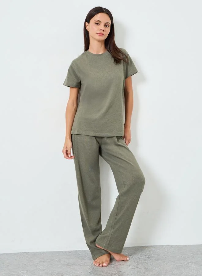 Styli Solid Cotton T-Shirt and Pyjama Set