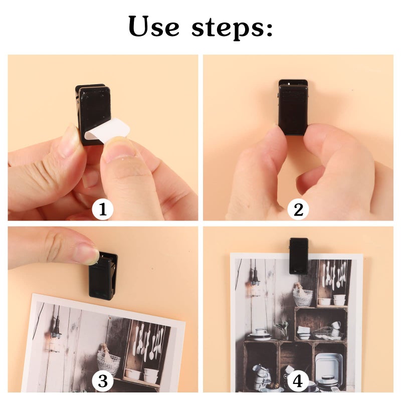 Prudiut 20 Pieces Self Adhesive Clips, Tapestry Hangers Clips Sticky Clips Wall Clips Light Clips Photo Clips Poster Clips Plastic Hanging Spring Clips for Office Poster Photo Decorations, Black - Image 4
