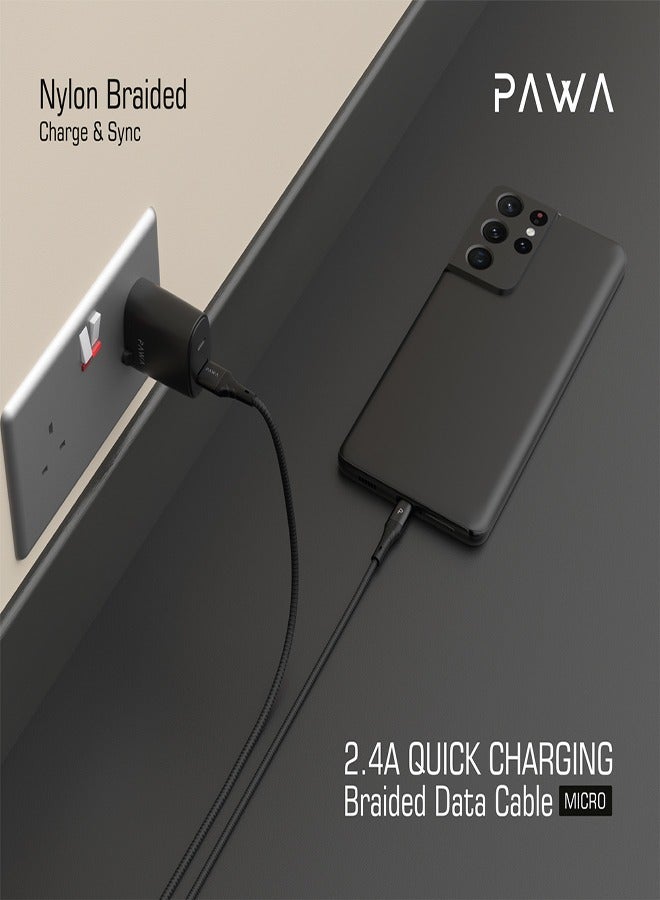 Pawa Braided USB-A to Micro USB Fast Charging Cable 2.4A 1.2m- Black - Image 2
