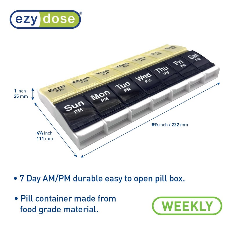 EZY DOSE Push Button (7-Day) Pill Case, Medicine Planner, Vitamin Organizer, 2 Times a Day, AM/PM Container, X-Large Compartments, Arthritis Friendly, Easy to Use, Clear Lids, Blue/Yellow, BPA Free - Image 2