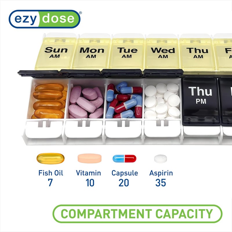 EZY DOSE Push Button (7-Day) Pill Case, Medicine Planner, Vitamin Organizer, 2 Times a Day, AM/PM Container, X-Large Compartments, Arthritis Friendly, Easy to Use, Clear Lids, Blue/Yellow, BPA Free - Image 3