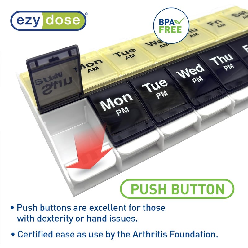 EZY DOSE Push Button (7-Day) Pill Case, Medicine Planner, Vitamin Organizer, 2 Times a Day, AM/PM Container, X-Large Compartments, Arthritis Friendly, Easy to Use, Clear Lids, Blue/Yellow, BPA Free - Image 4