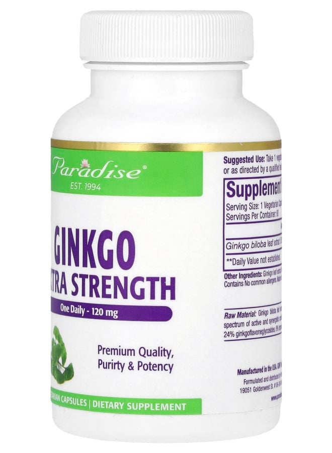 Paradise Herbs Ginkgo Extra Strength 120 mg 60 Vegetarian Capsules - Image 2