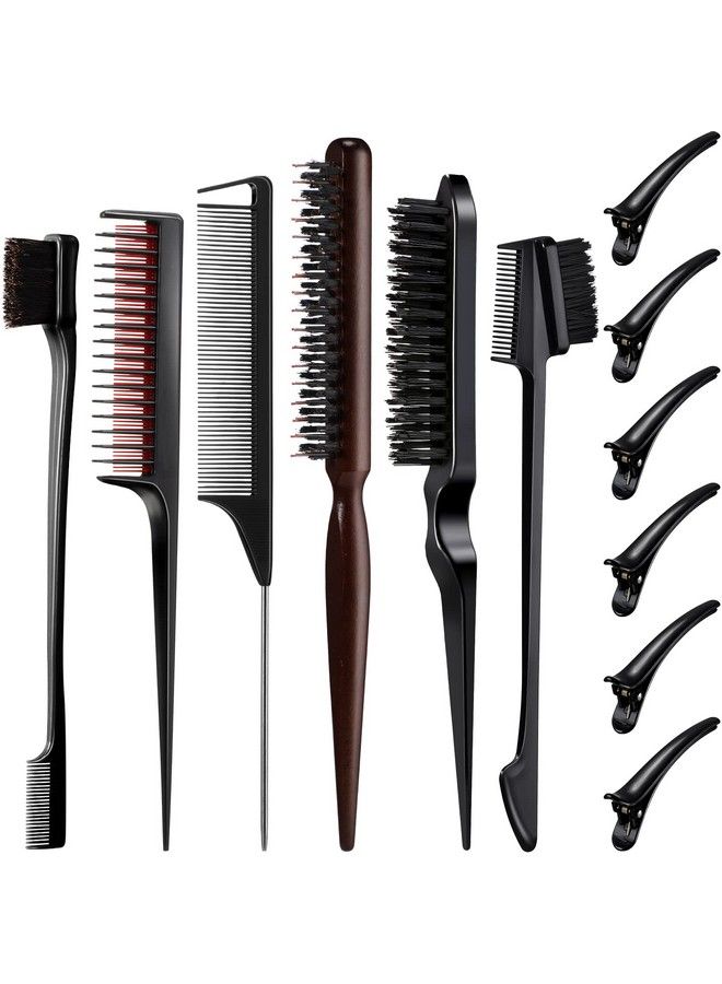Cunhill 12 Pieces Black Hair Brush Set Teasing Hair Brush Hair Edge Brush Rat Tail Comb Double Sided Nylon Boar Bristle Brush 3 Row With Duckbill Hair Clips For Stylist Salon Hair Styling Sectioning - Image 2