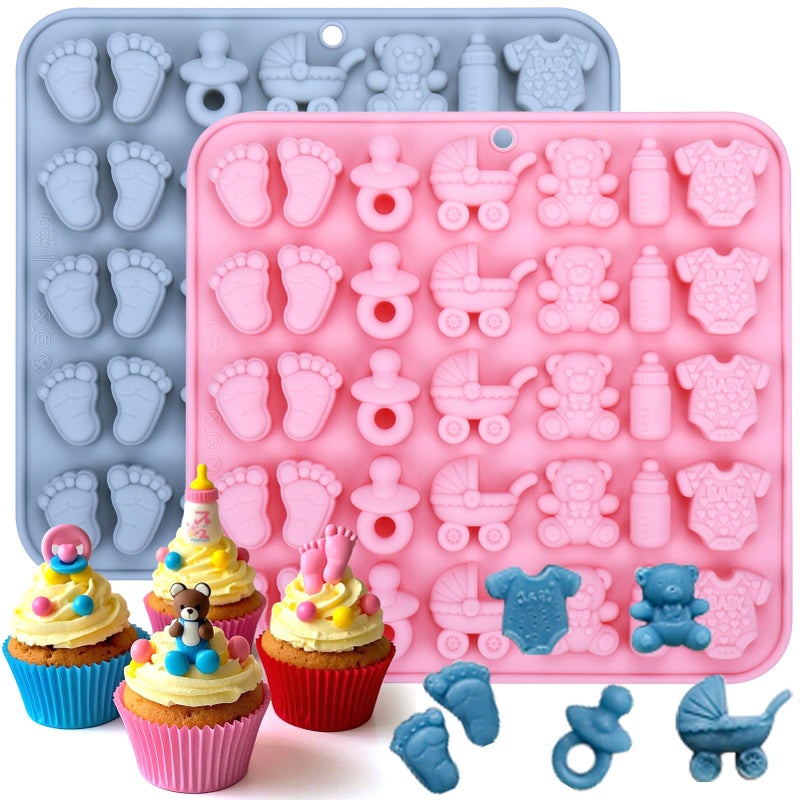 Solldgt 2 Pack Baby Shower Chocolate molds, Baby Feet Mold Baby Bottle Pacifier Baby Onesie Baby Carriage Bear Molds, Silicone Chocolate Molds for Candy Gummy Baby Shower Party Cake Decorations Cupcake Topper - Image 1