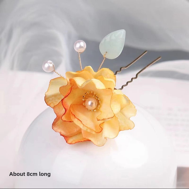 Generic Traditional Hanfu Silk Flower HairpinPlain clothing (gradient yellow) hair pin 2 Plain clothing (gradient yellow) hair pin 2