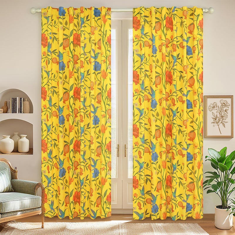 JOOJA Bird Floral Curtains 2 Panels 84 Inches Long Vintage Boho Patterned Mustard Yellow Whimsical Living Room Colorful Linen Blend Printed Window Curtains for Bedroom Kitchen - Image 1
