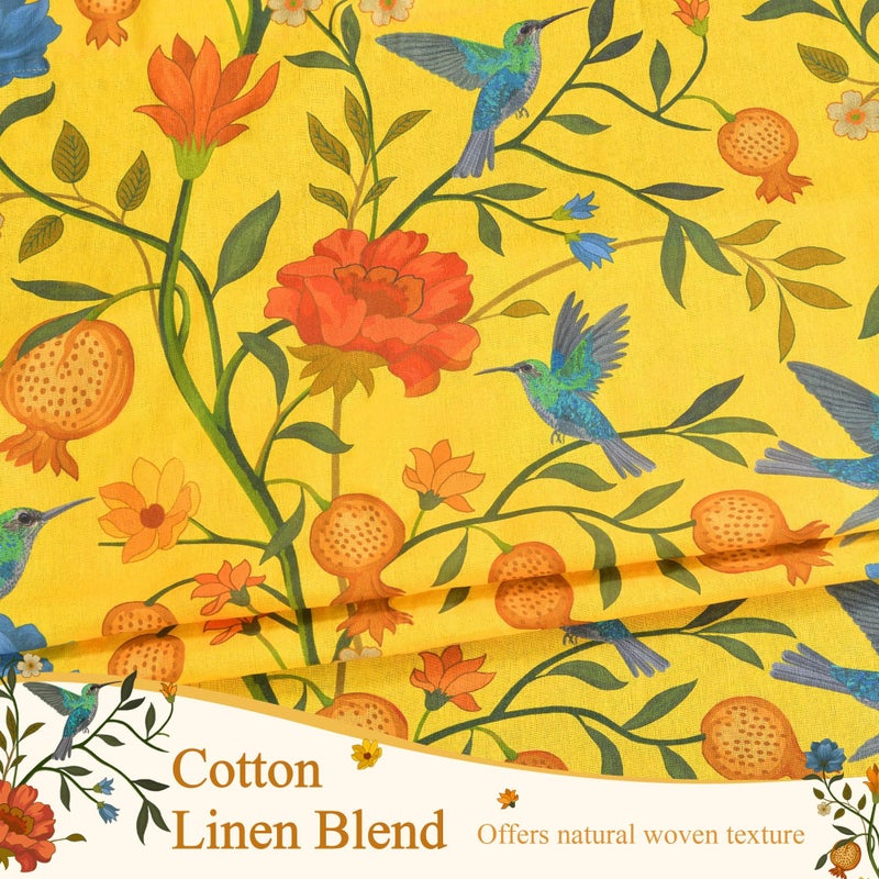JOOJA Bird Floral Curtains 2 Panels 84 Inches Long Vintage Boho Patterned Mustard Yellow Whimsical Living Room Colorful Linen Blend Printed Window Curtains for Bedroom Kitchen - Image 3