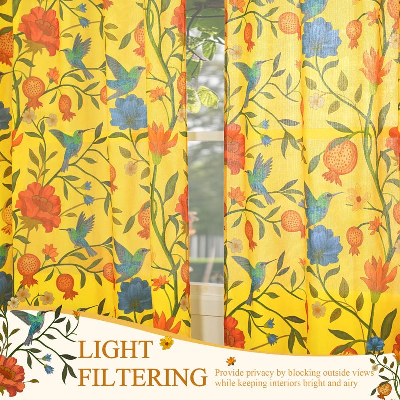 JOOJA Bird Floral Curtains 2 Panels 84 Inches Long Vintage Boho Patterned Mustard Yellow Whimsical Living Room Colorful Linen Blend Printed Window Curtains for Bedroom Kitchen - Image 2