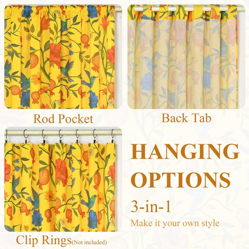 JOOJA Bird Floral Curtains 2 Panels 84 Inches Long Vintage Boho Patterned Mustard Yellow Whimsical Living Room Colorful Linen Blend Printed Window Curtains for Bedroom Kitchen - Image 4