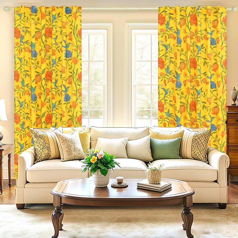 JOOJA Bird Floral Curtains 2 Panels 84 Inches Long Vintage Boho Patterned Mustard Yellow Whimsical Living Room Colorful Linen Blend Printed Window Curtains for Bedroom Kitchen - Image 5