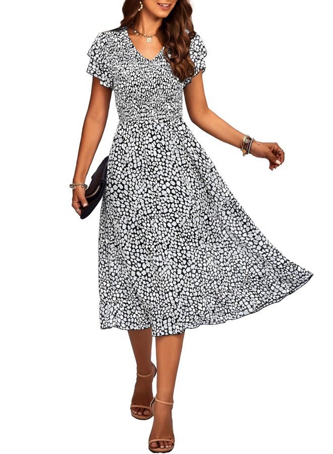 BTFBM Women Casual Summer Short Ruffles Tiered Sleeve Smocked Midi Dresses Bohemian Floral V Neck Wedding Guest Long Dresses, Floral Black, M - Image 1