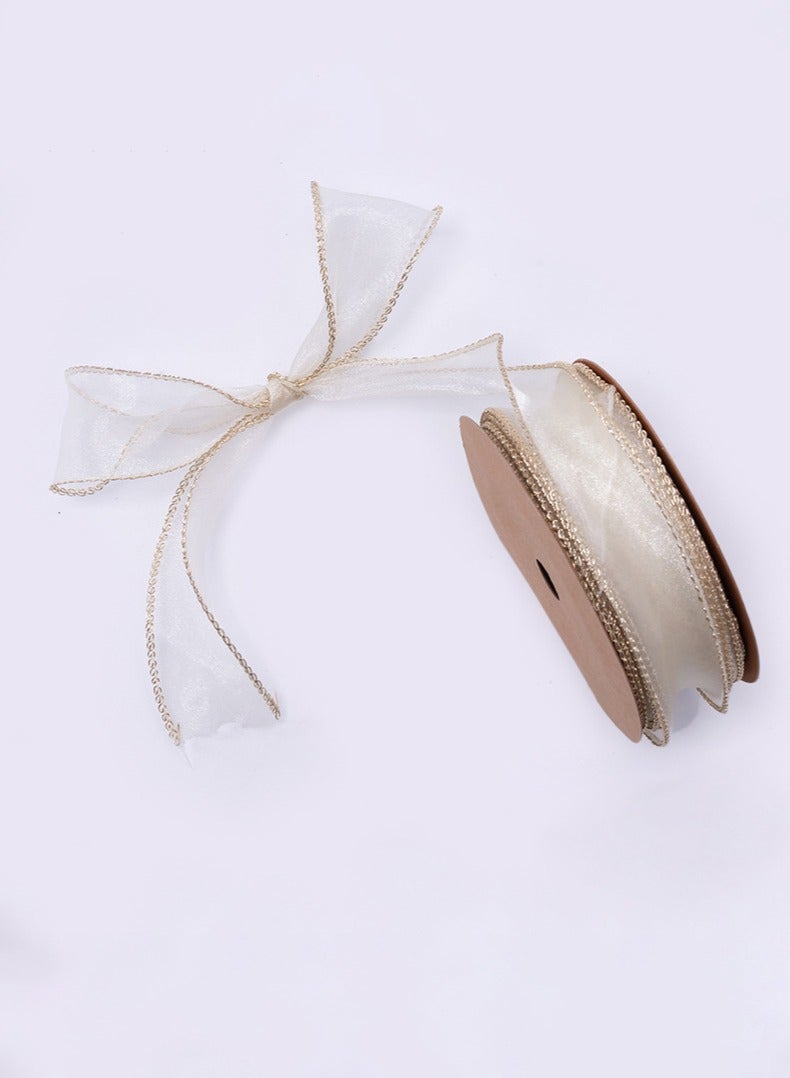 Ribbon,Sheer Wired Organza Ribbon, 9m x 4cm Chiffon Ribbon with Golden Edge for Gift Wrapping, DIY Crafts Bouquet Garland Baking Decoration (Beige / Gold) - Image 1