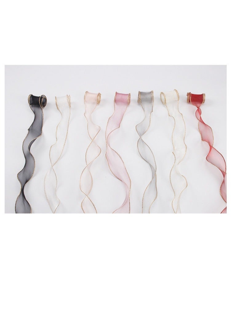 Ribbon,Sheer Wired Organza Ribbon, 9m x 4cm Chiffon Ribbon with Golden Edge for Gift Wrapping, DIY Crafts Bouquet Garland Baking Decoration (Beige / Gold) - Image 4