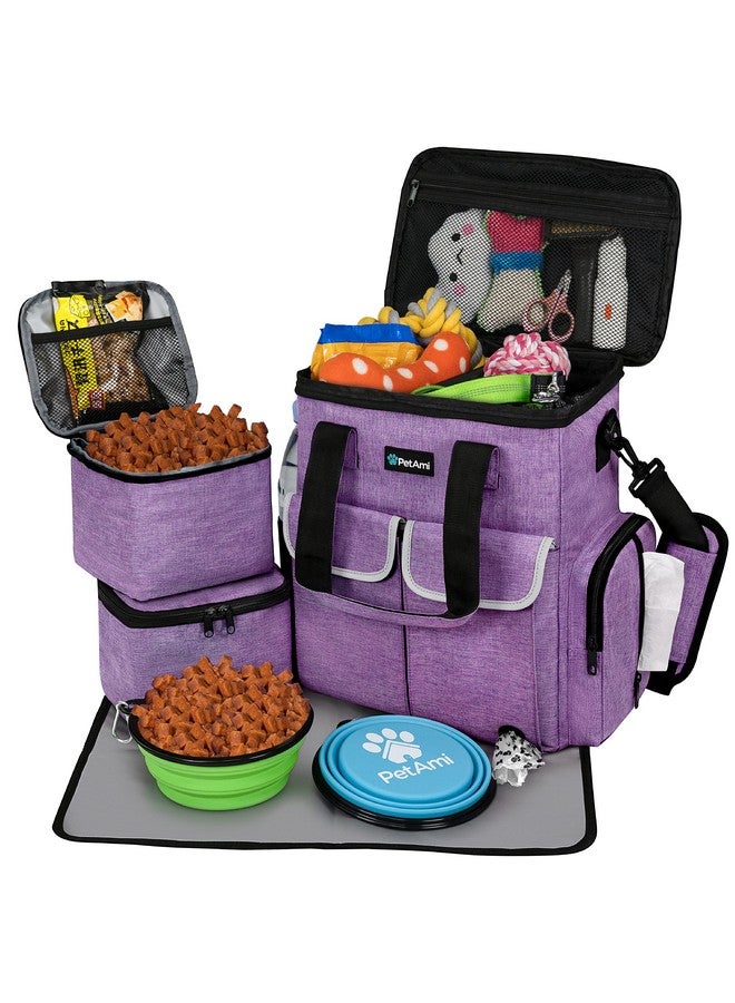 PetAmi Dog Travel Bag Pet Supplies Accessories Organizer for Traveling, Camping, Weekend; Cat Pet Travel Bag Kit Includes 2 Food Storage Containers, 2 Collapsible Bowls, 1 Feeding Mat (Purple) - Image 1