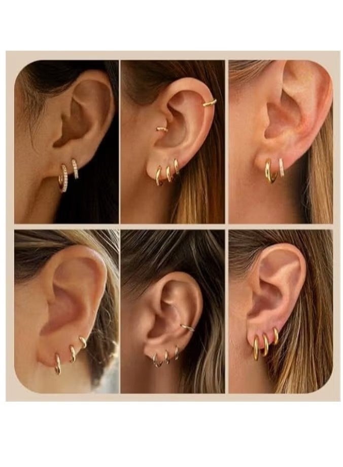 مجموعة أقراط هاجي هوب، 6 قطع صغيرة مضادة للحساسية مطلية بالذهب عيار 14 قيراطًا للنساء، أقراط هاجي هوب ذهبية بسيطة صغيرة 10 مم 12 مم 14 مم - Image 2