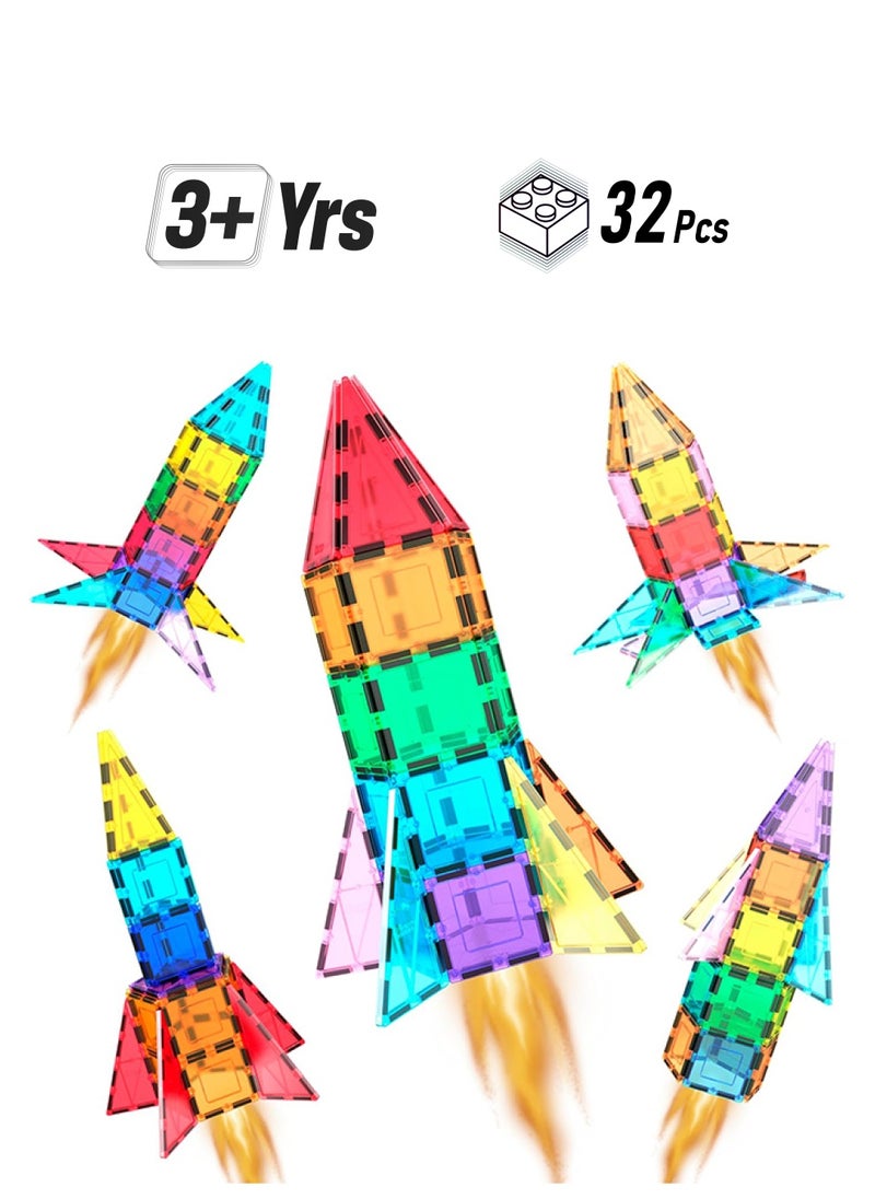 PicassoTiles - 32 Pieces Magnetic Building Block Rocket Booster Theme Set Magnet Construction Toy Educational Kit Engineering STEM Learning Playset Child Brain Development Stacking Blocks Playboard PT32 for Boys & Girls Age 3+ - Image 1