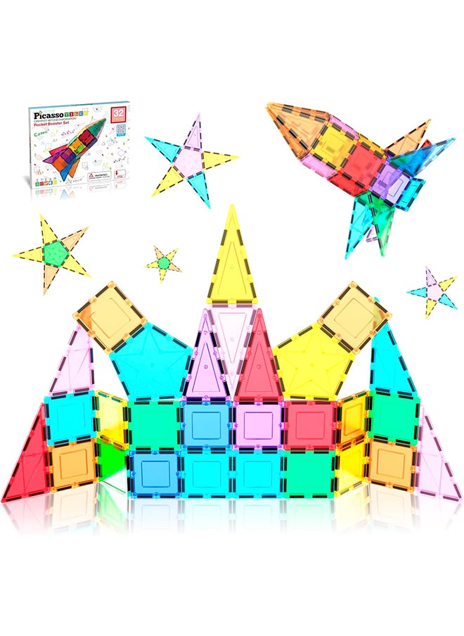 PicassoTiles - 32 Pieces Magnetic Building Block Rocket Booster Theme Set Magnet Construction Toy Educational Kit Engineering STEM Learning Playset Child Brain Development Stacking Blocks Playboard PT32 for Boys & Girls Age 3+ - Image 1