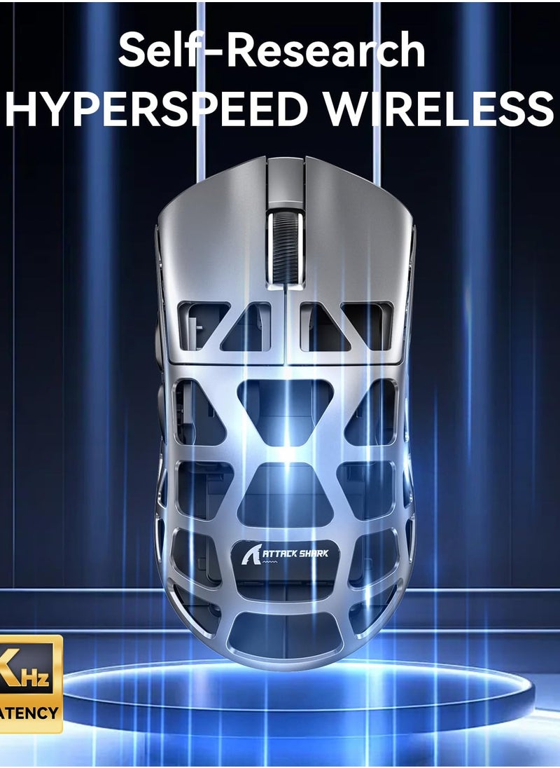 Attack Shark - Attack Shark R3 Wireless Gaming Mouse,PAW3395 26K DPI 8KHz Polling Rate,Magnesium Alloy 46g Ultralight,Programmable Tri-Mode BT/2.4G/Wired Computer Mice with Coiled Cable - Silver - Image 1