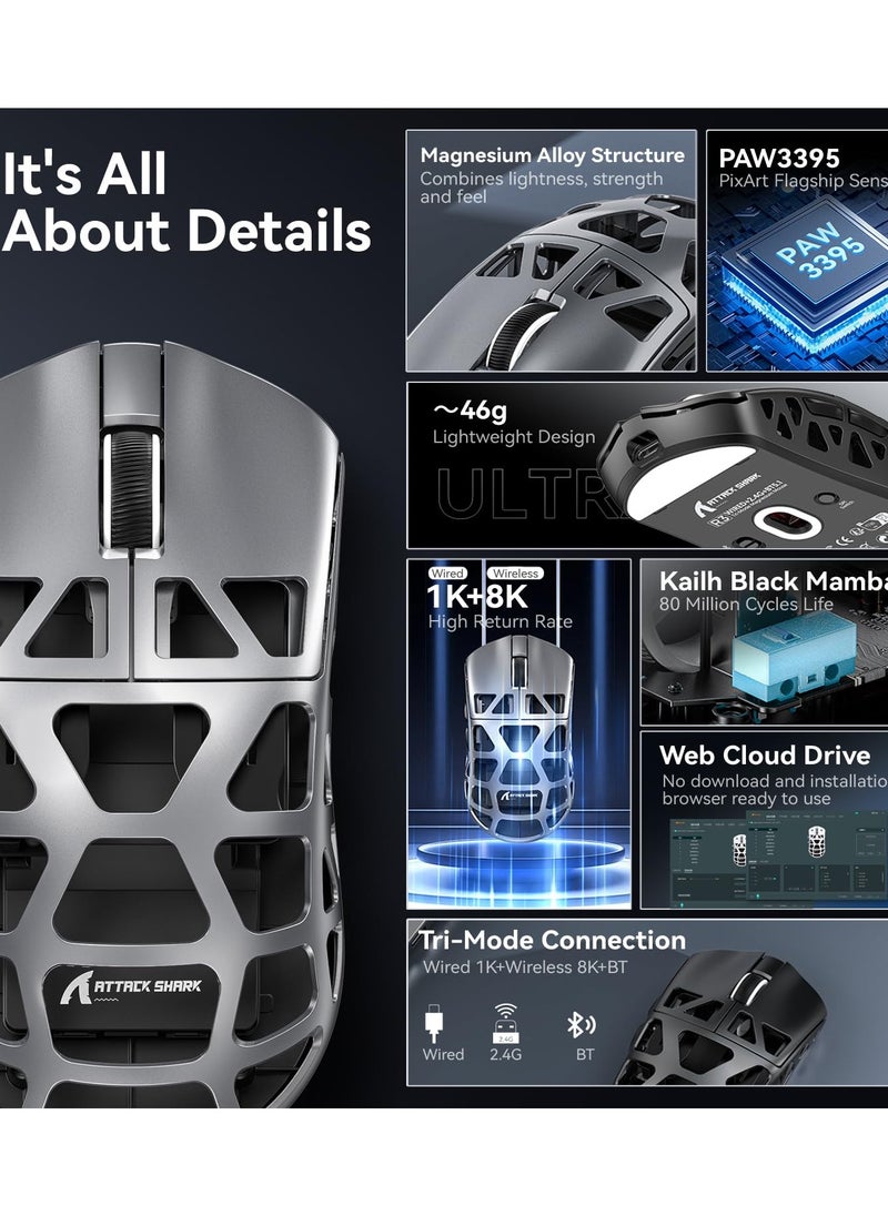 Attack Shark - Attack Shark R3 Wireless Gaming Mouse,PAW3395 26K DPI 8KHz Polling Rate,Magnesium Alloy 46g Ultralight,Programmable Tri-Mode BT/2.4G/Wired Computer Mice with Coiled Cable - Silver - Image 1
