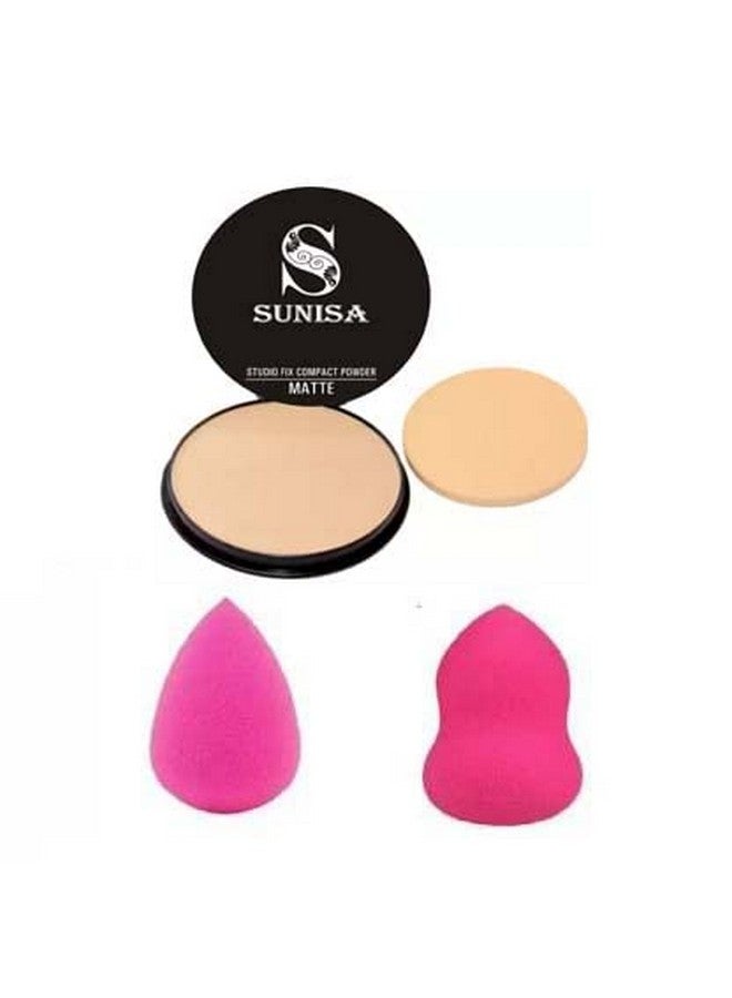 SUNISA Studio Fix Natural Shade Matte Full Coverage Compact Powder And 2 Pink Beauty Blenders (Pack Of 3)