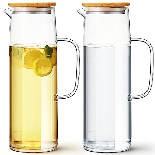 Hsei 2 Sets Glass Pitcher with Lid, 50 oz / 1500 ml Water Carafe with Handles Hot Cold Beverage Water Jar Glass Jug for Tea Juice Milk Coffee Iced Beverage - Image 1