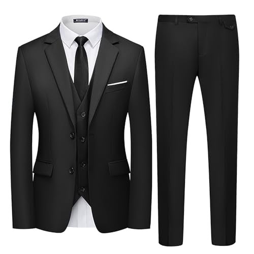 WULFUL Men's 3 Piece Slim Fit Suit Set Two Button Blazer Jacket Vest Pants Tuxedo Set for Party, Wedding and Business Black - Image 1