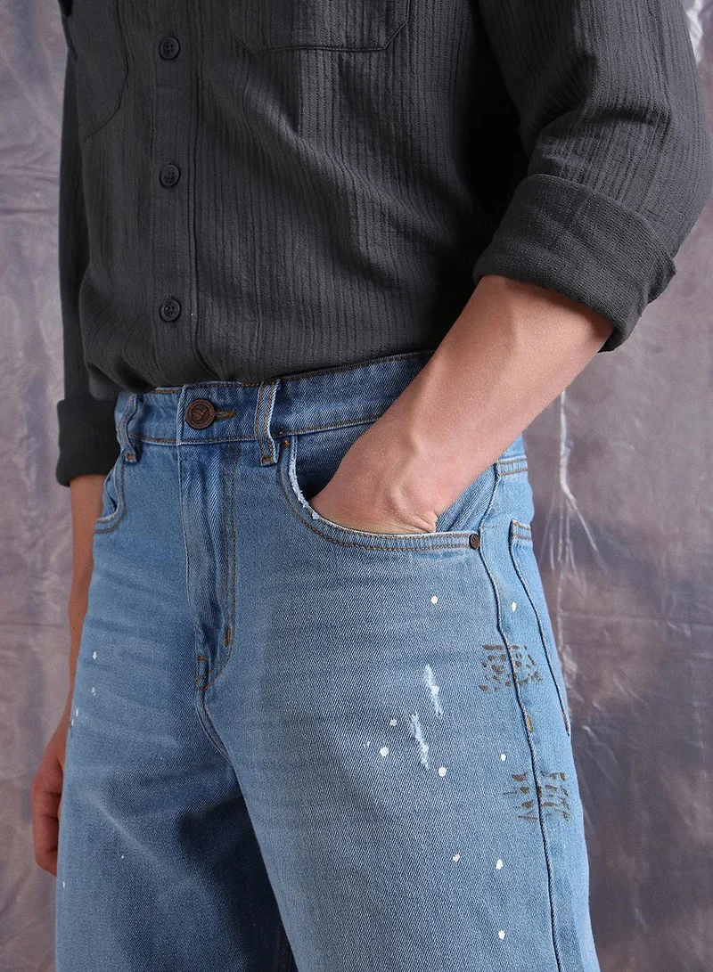 Hubberholme Men Loose Fit cotton Heavy Distress Paint splater Jeans