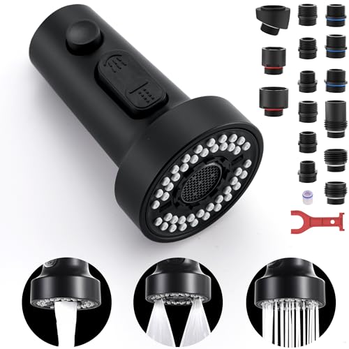 TIORIY Kitchen Faucet Head Replacement Black, with 15 Adapters Plastic Pull Down Faucet Spray Head, 3 Modes Pull Out Kitchen Sink Sprayer Nozzle, Matte Black - Image 1
