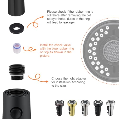 TIORIY Kitchen Faucet Head Replacement Black, with 15 Adapters Plastic Pull Down Faucet Spray Head, 3 Modes Pull Out Kitchen Sink Sprayer Nozzle, Matte Black - Image 4