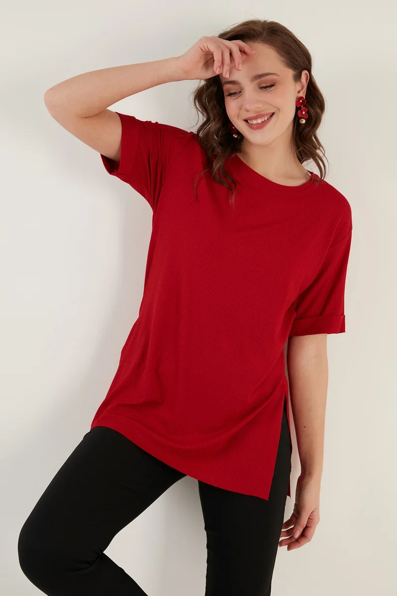ليلا Oversize Crew Neck Slit Detailed Blouse Women's Blouse 5863683