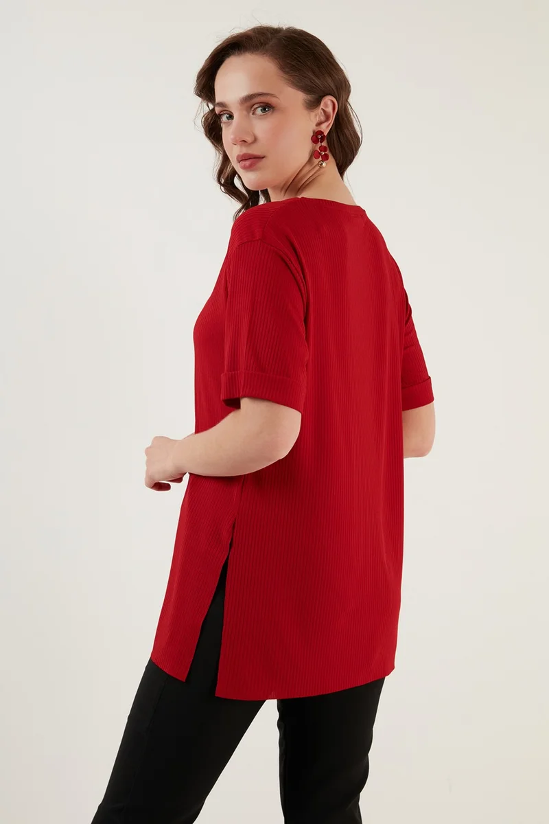 ليلا Oversize Crew Neck Slit Detailed Blouse Women's Blouse 5863683