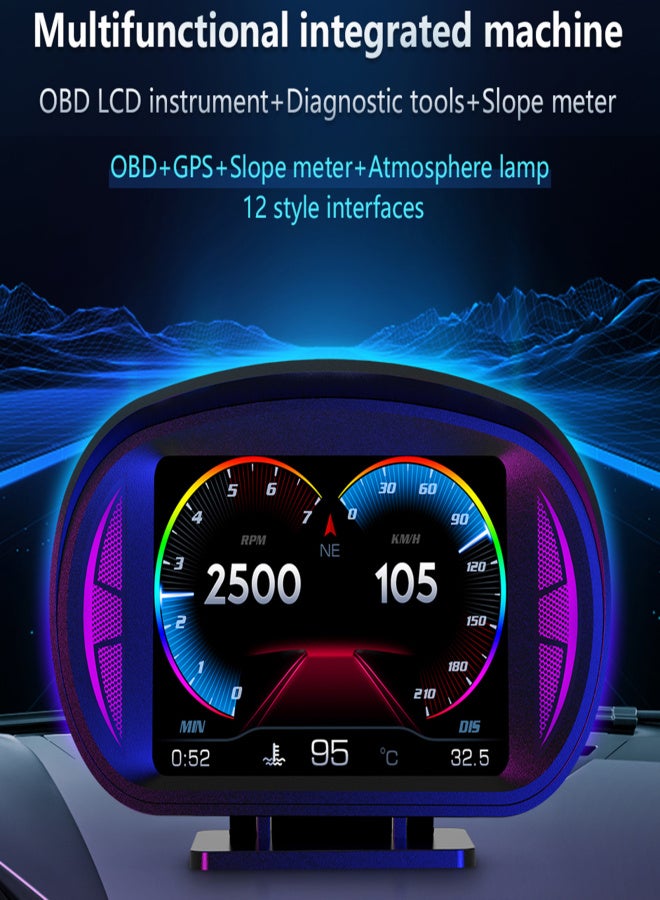 Car Head Up Display Multi-funciton OBD GPS Slope Meter Atmosphere Lamp Full LCD Smart Gauge with 12 Styple Interfaces - Image 4