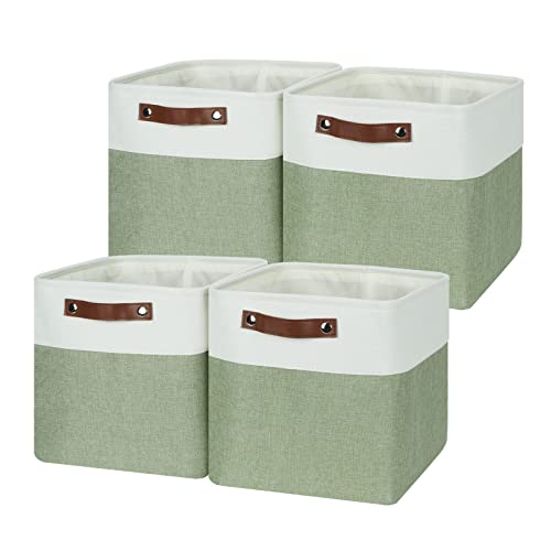 Temary Fabric Storage Bins for Organizing Clothes, Closet Baskets with Handles - Decorative Storage Boxes for Home (White & Green, 12 Inch, 4 Pack) - Image 1
