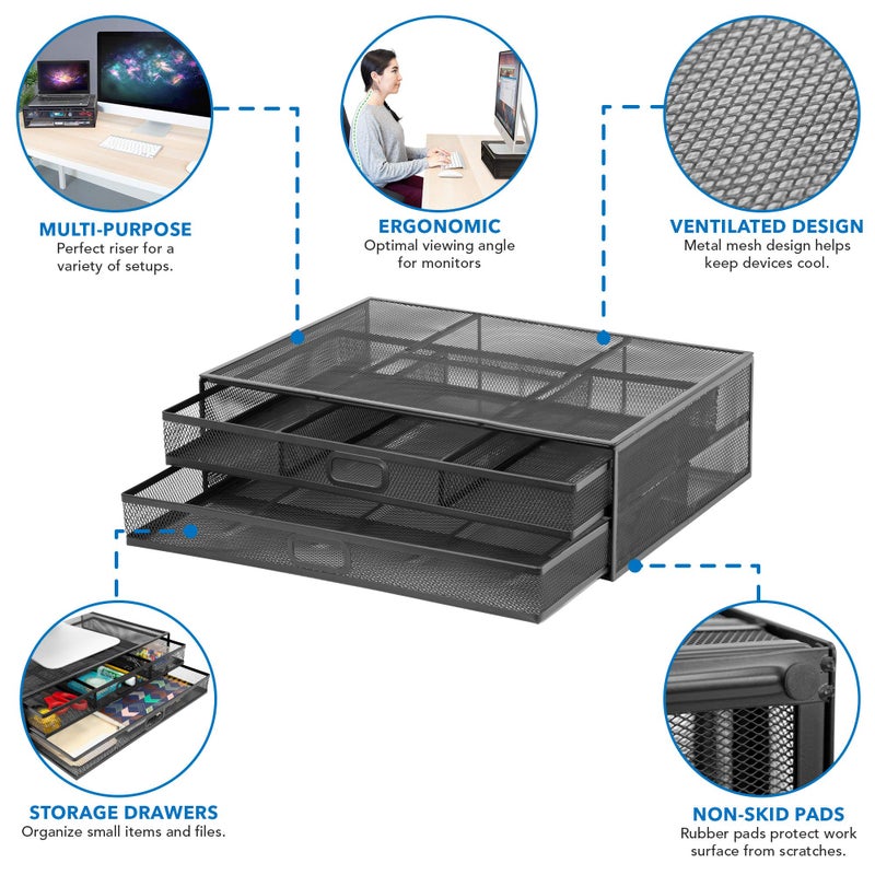 MOUNT-IT! Computer Monitor Stand With Drawers, Metal Mesh Riser and Organizer for Laptops and Computer Screens, Laptop, and Printer Accessories and Office Supplies (Black) - Image 5