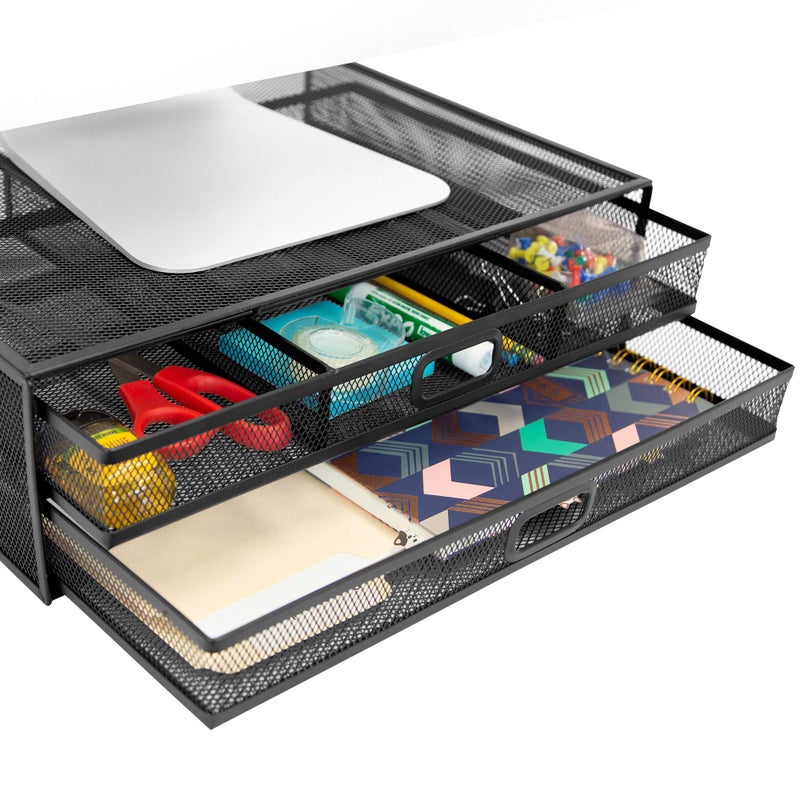 MOUNT-IT! Computer Monitor Stand With Drawers, Metal Mesh Riser and Organizer for Laptops and Computer Screens, Laptop, and Printer Accessories and Office Supplies (Black) - Image 1