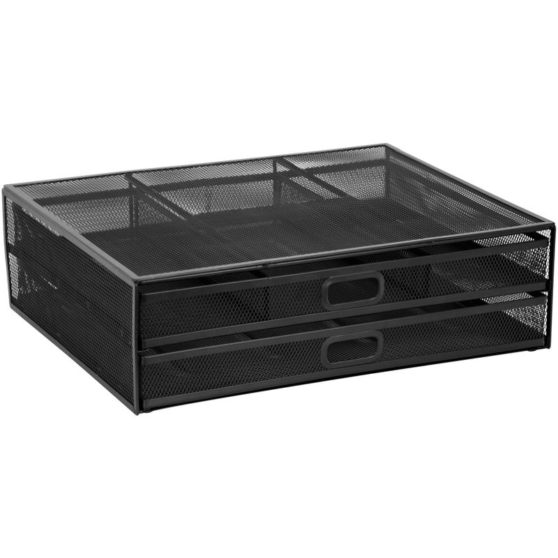 MOUNT-IT! Computer Monitor Stand With Drawers, Metal Mesh Riser and Organizer for Laptops and Computer Screens, Laptop, and Printer Accessories and Office Supplies (Black) - Image 2