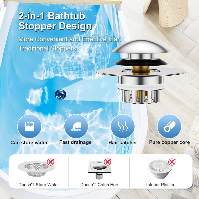 Geyrut Bathtub Drain Stopper, Universal Pop Up Bathtub Stopper for 1.45-1.8in Drain Hole Tub Stopper with Drain Hair Catcher Replaces Lift & Turn, Tip-Toe or Trip Lever, Silver - Image 3