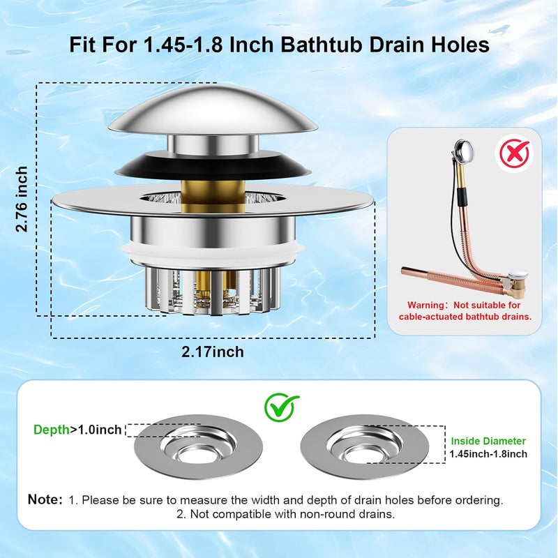 Geyrut Bathtub Drain Stopper, Universal Pop Up Bathtub Stopper for 1.45-1.8in Drain Hole Tub Stopper with Drain Hair Catcher Replaces Lift & Turn, Tip-Toe or Trip Lever, Silver - Image 2