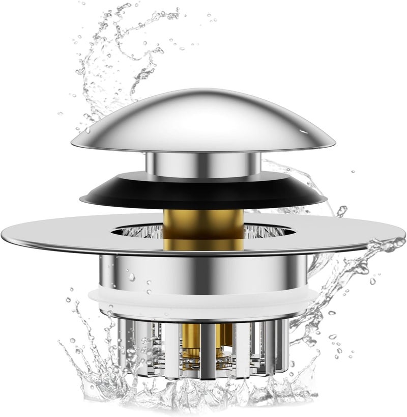 Geyrut Bathtub Drain Stopper, Universal Pop Up Bathtub Stopper for 1.45-1.8in Drain Hole Tub Stopper with Drain Hair Catcher Replaces Lift & Turn, Tip-Toe or Trip Lever, Silver - Image 1