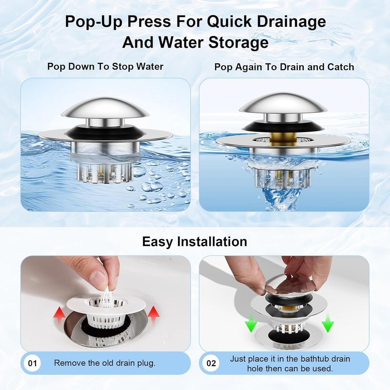 Geyrut Bathtub Drain Stopper, Universal Pop Up Bathtub Stopper for 1.45-1.8in Drain Hole Tub Stopper with Drain Hair Catcher Replaces Lift & Turn, Tip-Toe or Trip Lever, Silver - Image 4