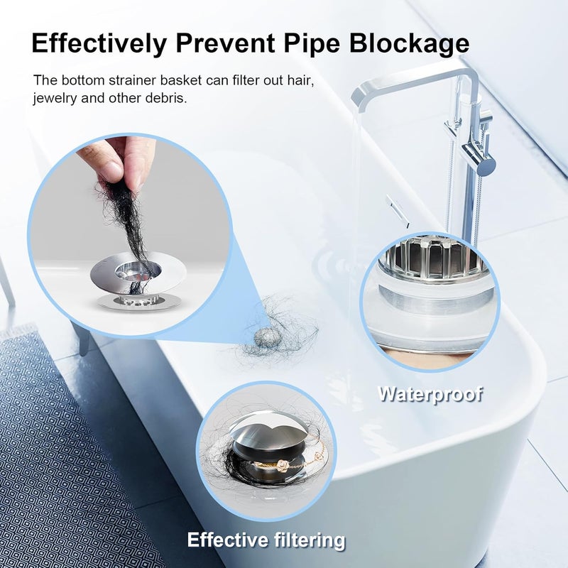Geyrut Bathtub Drain Stopper, Universal Pop Up Bathtub Stopper for 1.45-1.8in Drain Hole Tub Stopper with Drain Hair Catcher Replaces Lift & Turn, Tip-Toe or Trip Lever, Silver - Image 5
