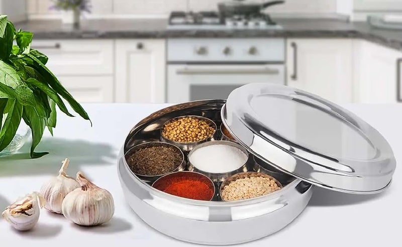 CHIRANSI صندوق توابل ماسالا على شكل بطن من الفولاذ المقاوم للصدأ CHIRANSI مع غطاء شفاف مع 7 حاويات وملعقة صغيرة - عبوة من 1 صندوق توابل 7 نجوم - Image 3