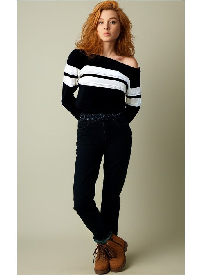 GUESS Guess Women Off Shoulder Black/White Pullover - Medium  - Image 1