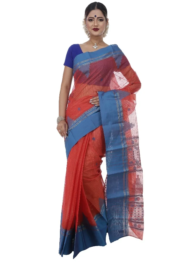 Parinita Sarees ساري تانت نسائي أحمر وأزرق