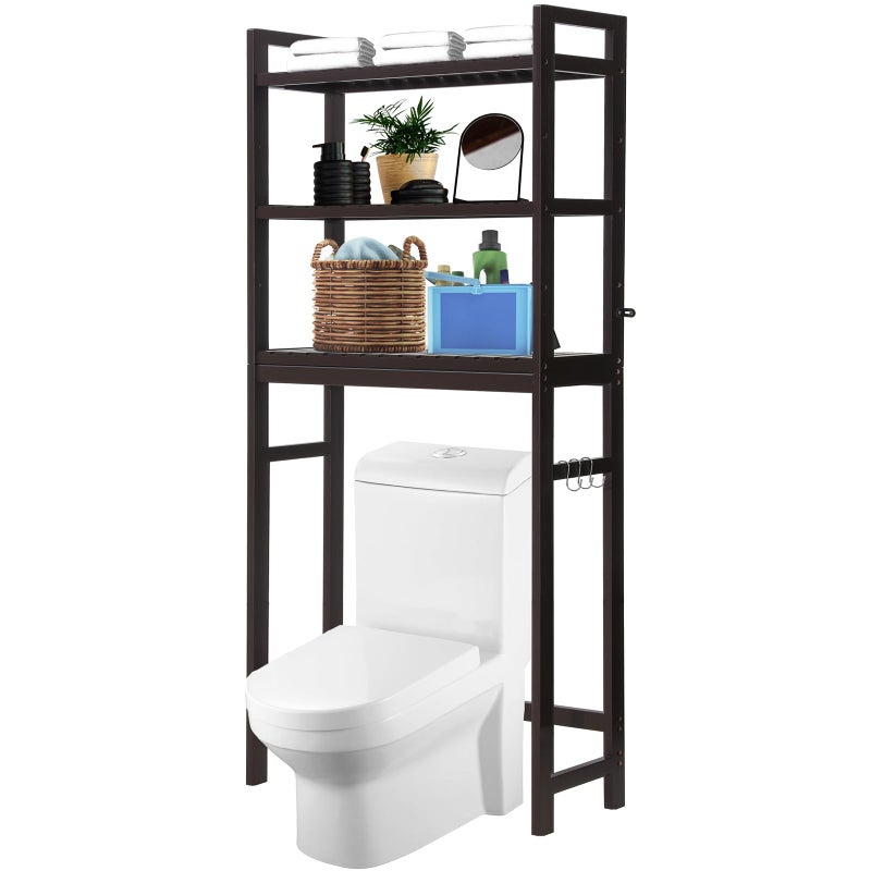 HITOMEN Over The Toilet Storage Cabinet Bamboo Adjustable 3Tier Above Toilet Shelf Stable Freestanding Above Toilet Organizer with 3 Hooks for Bathroom Restroom Laundry Balcony Dark Brown 67 H