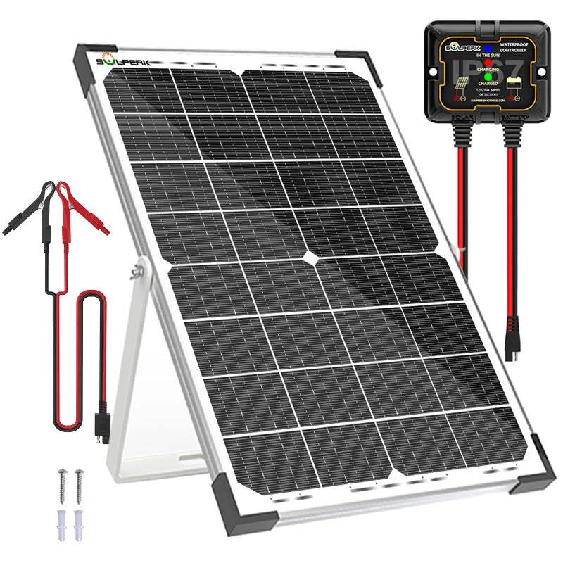 SOLPERK 30W Solar Battery Charger Solar Battery Maintainer + Upgrade 10A MPPT Charge Controller + Adjustable Mount Bracket for Car RV Boat Motorcycleï¼Œ12V Waterproof Solar Panel Kit Trickle Charging - Image 1