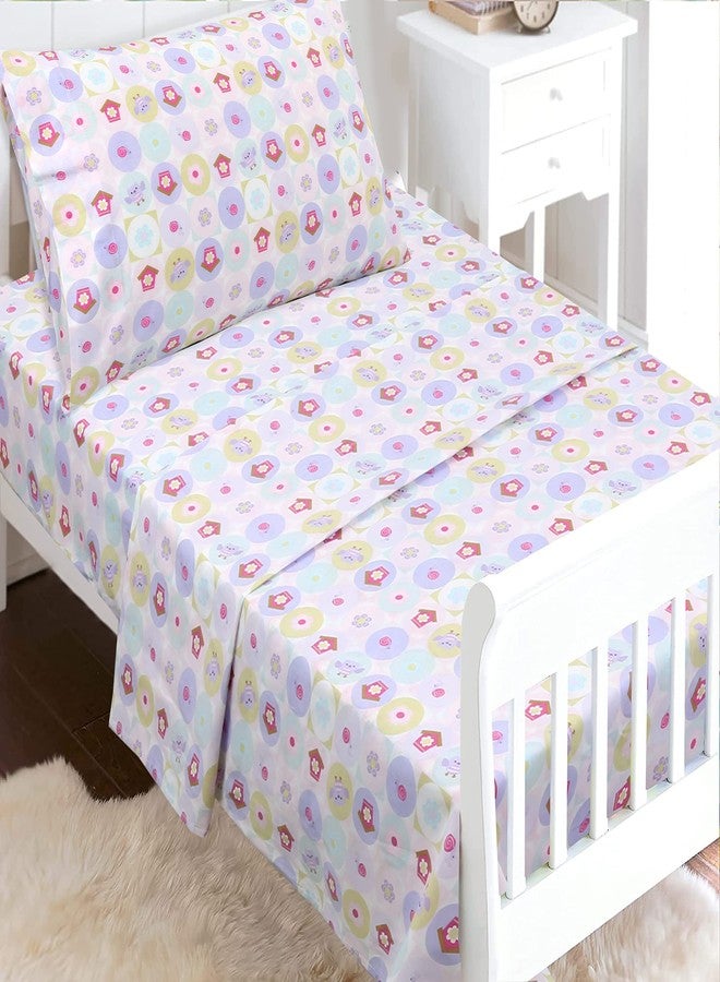 Danica 3-Piece 100% Cotton Toddler Sheet Set for Boys & Girls, Includes Top Sheet, Fitted Sheet, Standard Pillow Case (Lavender Owl & Pink Flower) - Image 1