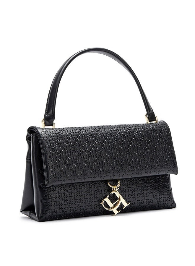 CH CH Women's Black Top Handle Shoulder Bag - Vintage Leather Handbag with Gold Metal Lock, Elegant for Work and Daily - Image 2